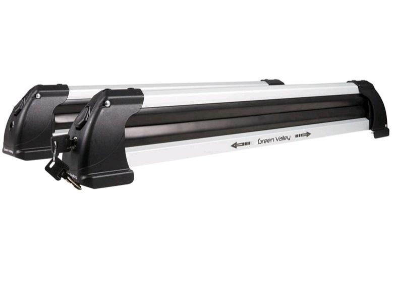 Suport auto pentru schiuri GREEN VALLEY Rider 160 510, din aluminiu, montare pe barele transversale, capacitate de 6 perechi de schiuri sau 4 snowboard-uri, prevăzut cu sistem antifurt